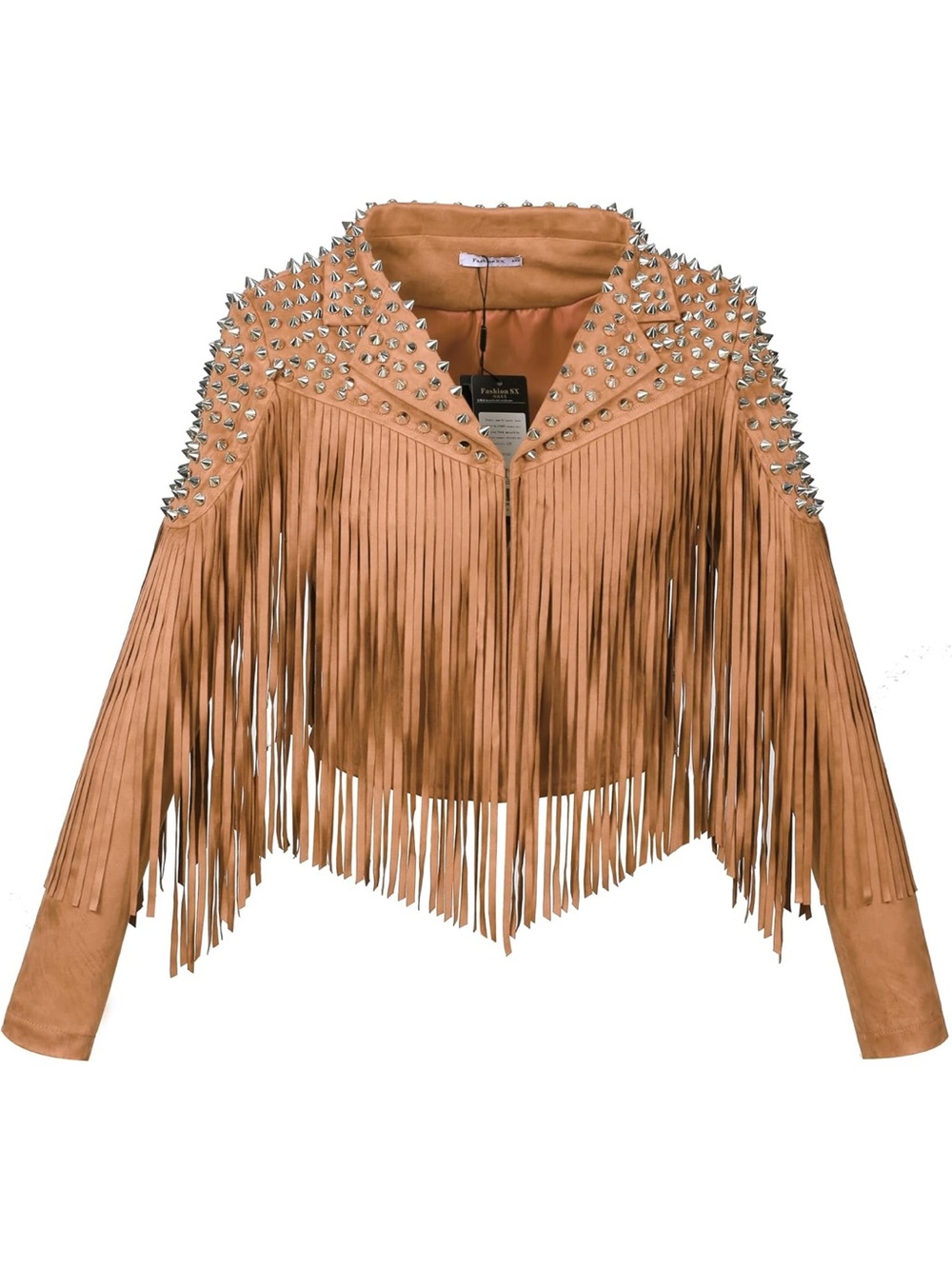 Women's faux Suede Fringe Studded women Jacket - Rust Brown - Picture 2 of 7